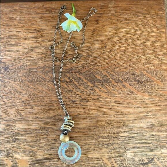 Lot Two Kohls Necklaces Translucent White Circle & Heart w/Brushed Gold Charms - Picture 3 of 11